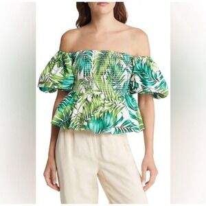 NWT Autumn Adeigbo Marine Top Green Palm Women's Size 4 Puff Sleeves MSRP $540